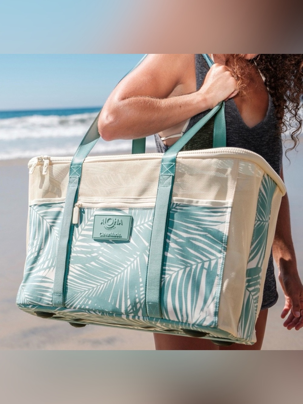 NWT ALOHA Collection x CleverMade Collapsible Beach Tote Teal Palm Leaf 42L